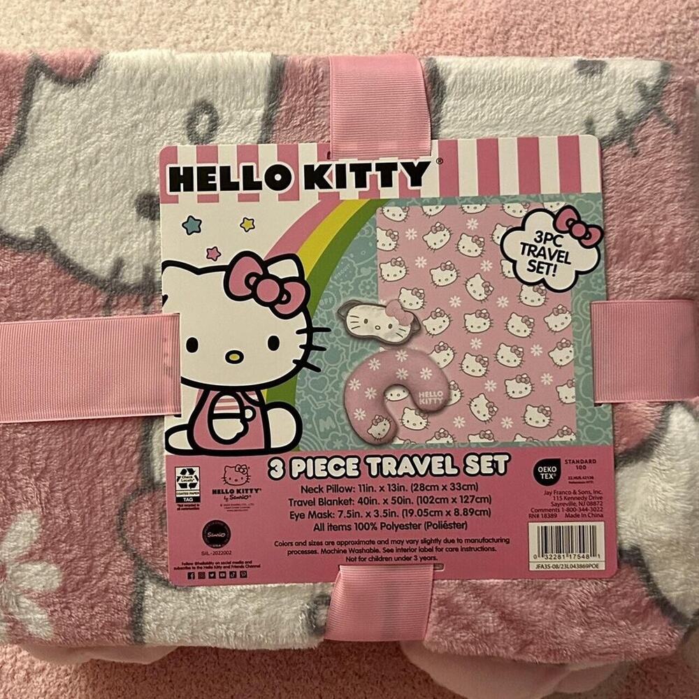 NEW NWT Hello Kitty Sanrio 3 piece Travel Gift Set Pink Blanket Pillow Eye Mask